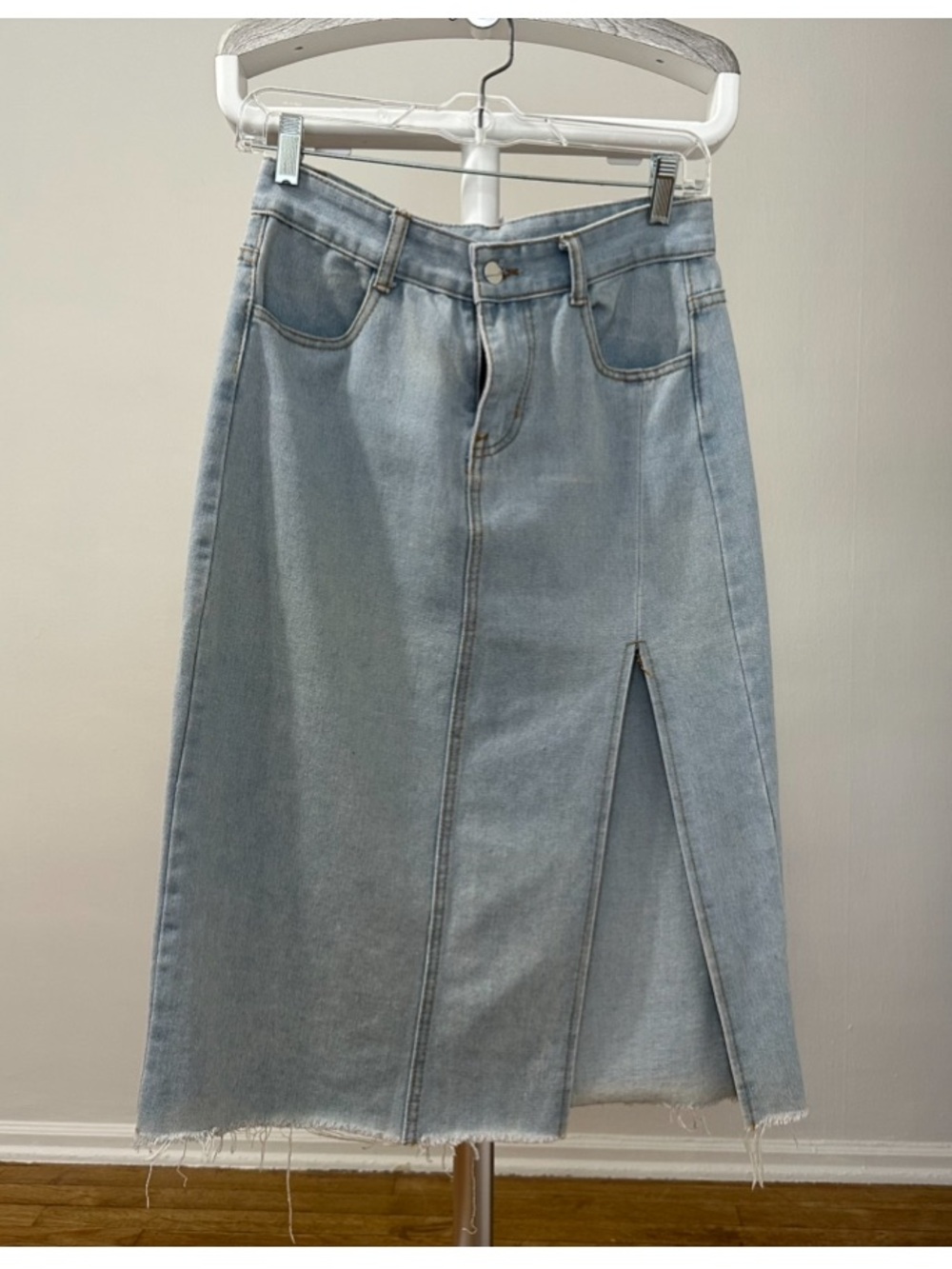 Chico's Light Wash Denim Midi Skirt with Front Slit size2